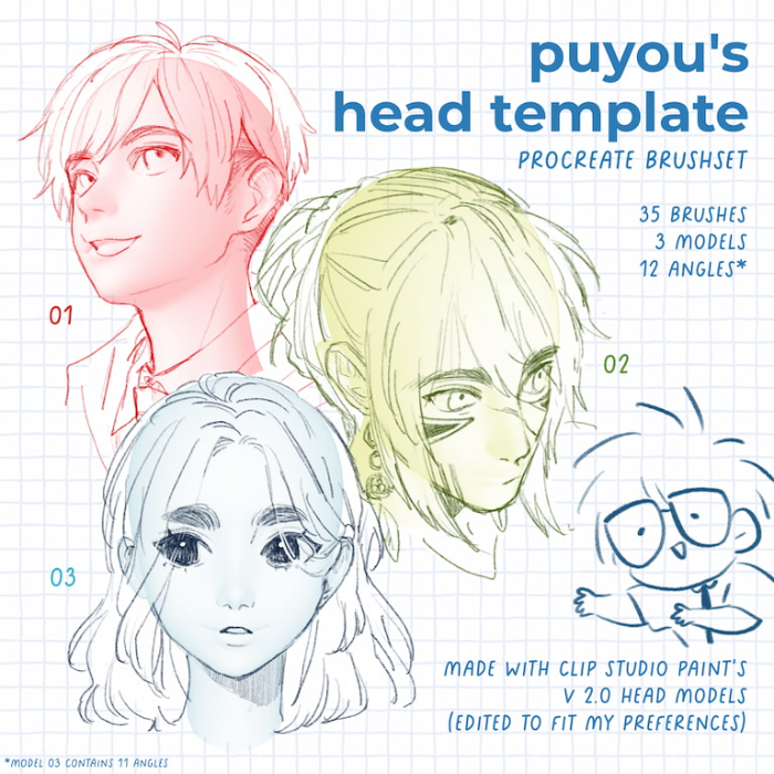 Procreate Puyou头部模板笔刷套装 动漫风格头部角度与造型创作数字工具-25虚拟网