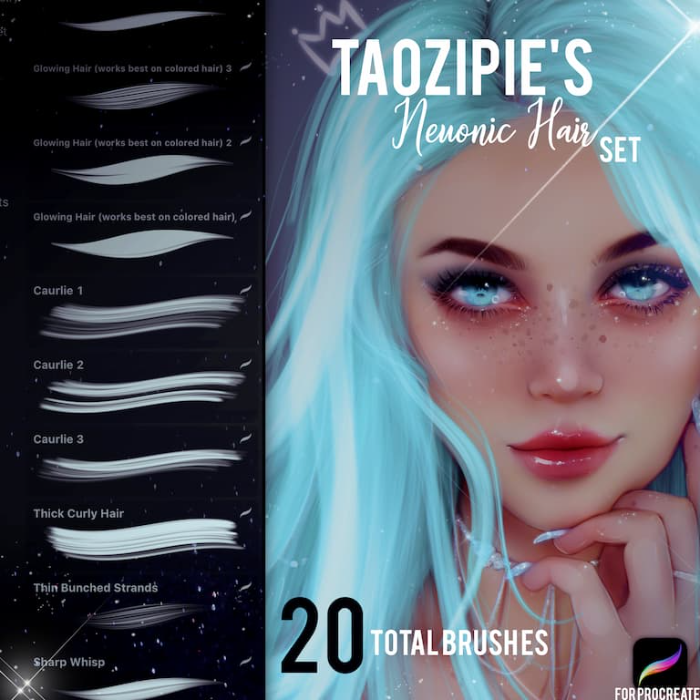 Procreate 超顺滑头发笔刷组 梦幻风格发丝光感与造型创作数字工具-25虚拟网