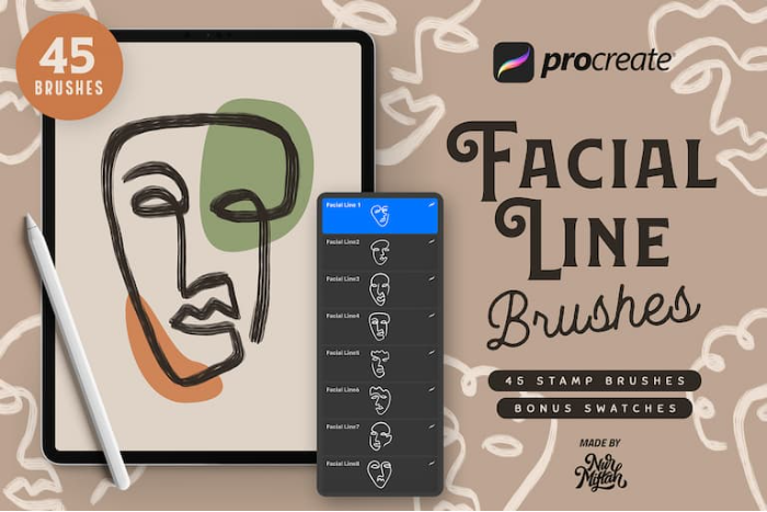 Procreate 艺术人脸轮廓印章笔刷组 抽象风格人脸艺术创作数字工具-25虚拟网