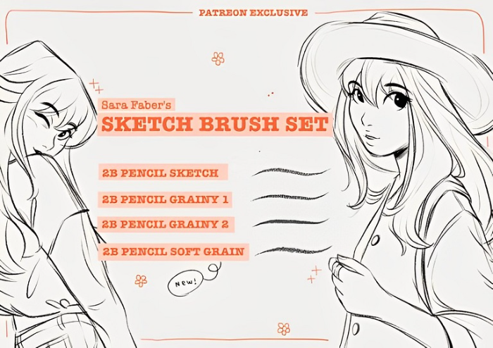 Procreate Sara Faber素描画笔套装 4支2B铅笔质感笔刷 适配角色素描与轮廓表现-25虚拟网