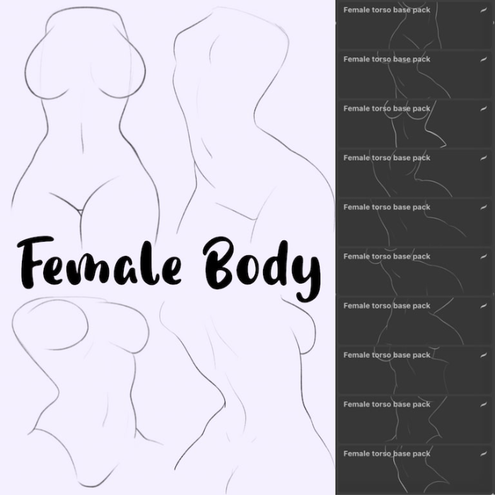 Procreate Attki漫画女性角色躯干笔刷（基础版） 动漫风格女性躯干辅助线与草图创作数字工具-25虚拟网