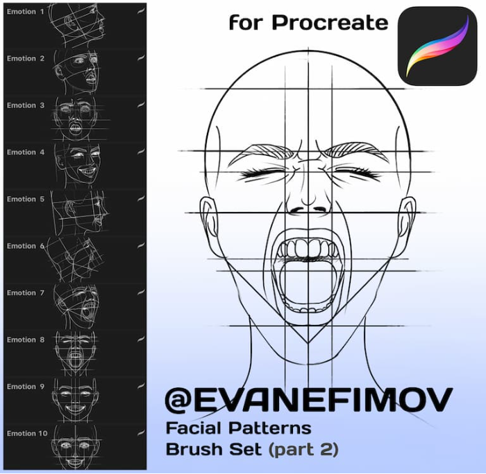 Procreate 人像多表情辅助线稿笔刷 写实风格面部表情与光影布局创作数字工具-25虚拟网