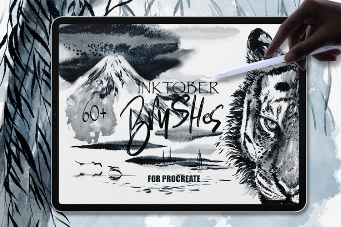 Inktober墨水十月Procreate笔刷组 62支水墨风格笔刷 含书法书写与墨水特效工具-25虚拟网