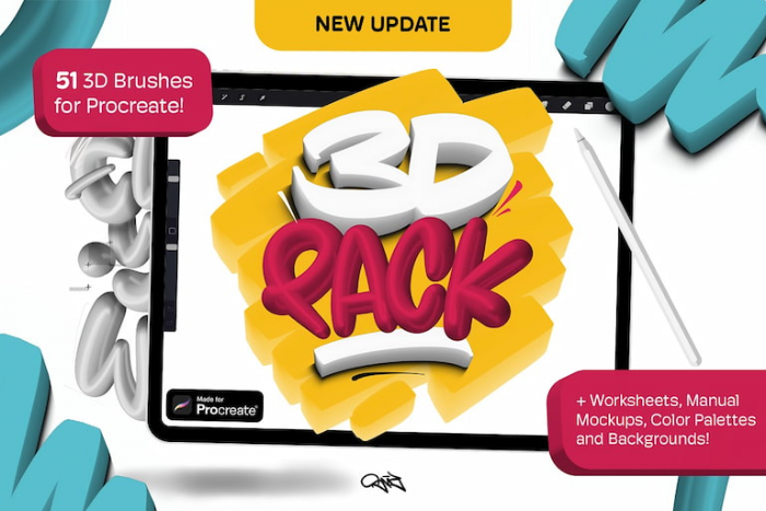 Procreate 3D套装笔刷 立体风格文字与图形创作数字工具-25虚拟网