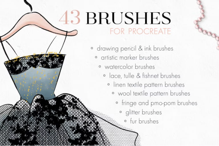 Procreate时尚服装设计画笔套装 43支笔刷 涵盖素描水墨水彩面料等风格-25虚拟网
