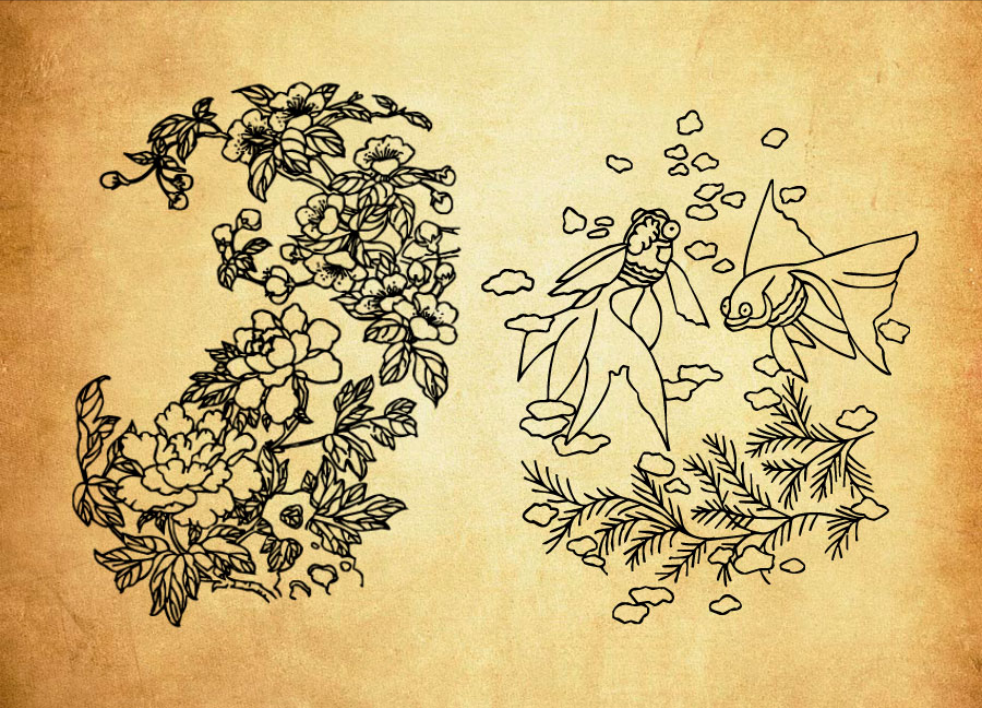 剪纸金鱼和花朵装饰PS笔刷资源 - 精选剪纸金鱼和花朵装饰元素,适用于装饰类设计-25虚拟网