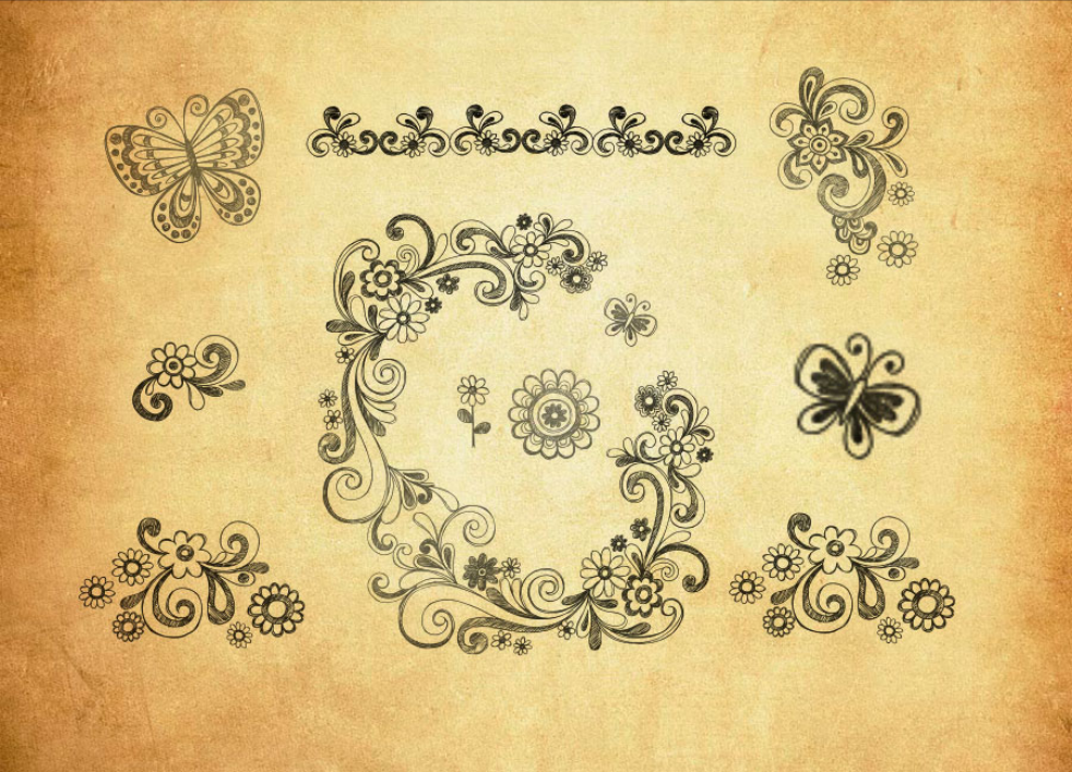时尚手绘花纹和蝴蝶PS笔刷下载 - 艺术时尚手绘花纹和蝴蝶素材，激发设计创意灵感-25虚拟网